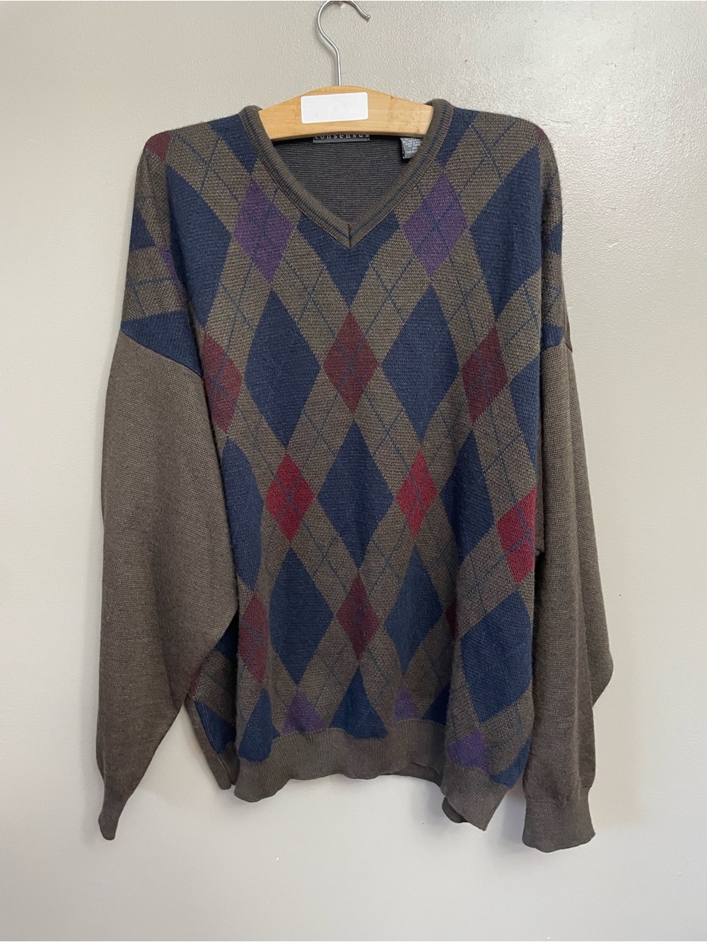 Consensus Merino‎ Wool Blend Argyle V-Neck Pullover Sweater Mens XXL Italy